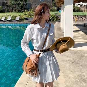 浅蓝色休闲条纹衬衫连衣裙女2025年夏季新款韩系设计感显瘦百褶裙图片