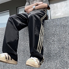 港风夏款男冰丝速干裤洞洞三条杠条纹拼接长裤h856P40，男装休闲裤，星座1013-1
