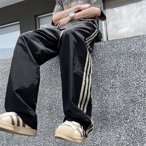 港风夏款男冰丝速干裤洞洞三条杠条纹拼接长裤h856 P40图片