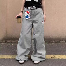 美式复古爱心刺绣竖条纹休闲裤男女小众宽松休闲阔腿拖地长裤简约，男装休闲裤，星座506A