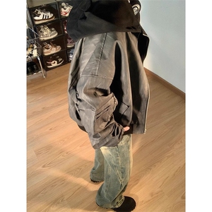 美式飞行员夹克假两件pu皮衣外套男女潮牌连帽棒球服LJK8539-P85图片