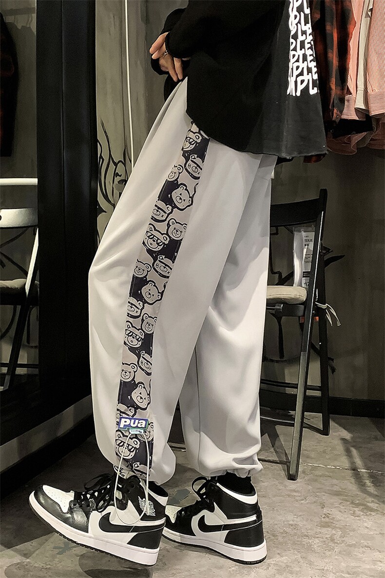 加绒加厚港风冬新款撞色印花抽绳束脚休闲裤2109-2-P55控75,男装休闲裤,星座914-3