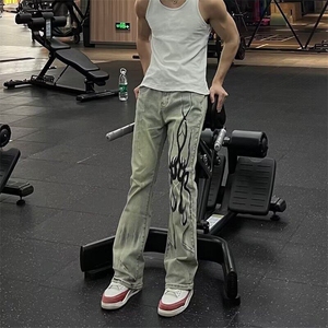 DN821-P60美式水洗复古微喇叭牛仔裤男火焰印花显瘦裤-网图现货图片