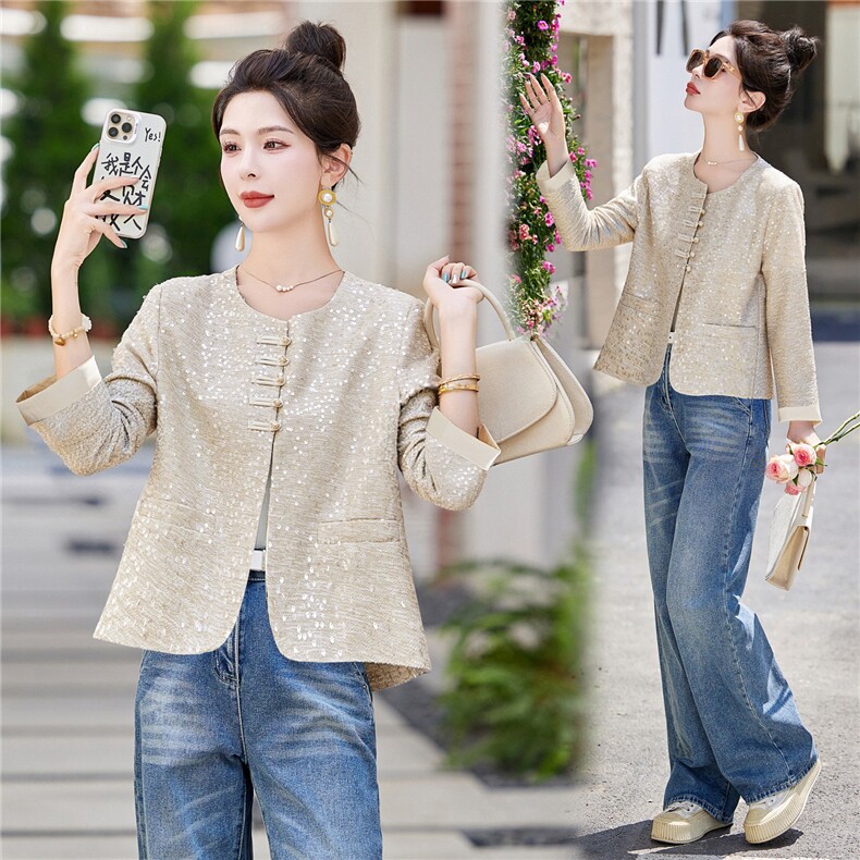 2025冬装新款时尚气质亮片盘扣外套，女装短外套，曼琳思菲