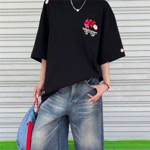 H0831-P38毛巾绣 内里加贴布不刺身220克宽松短袖T恤男女同款图片