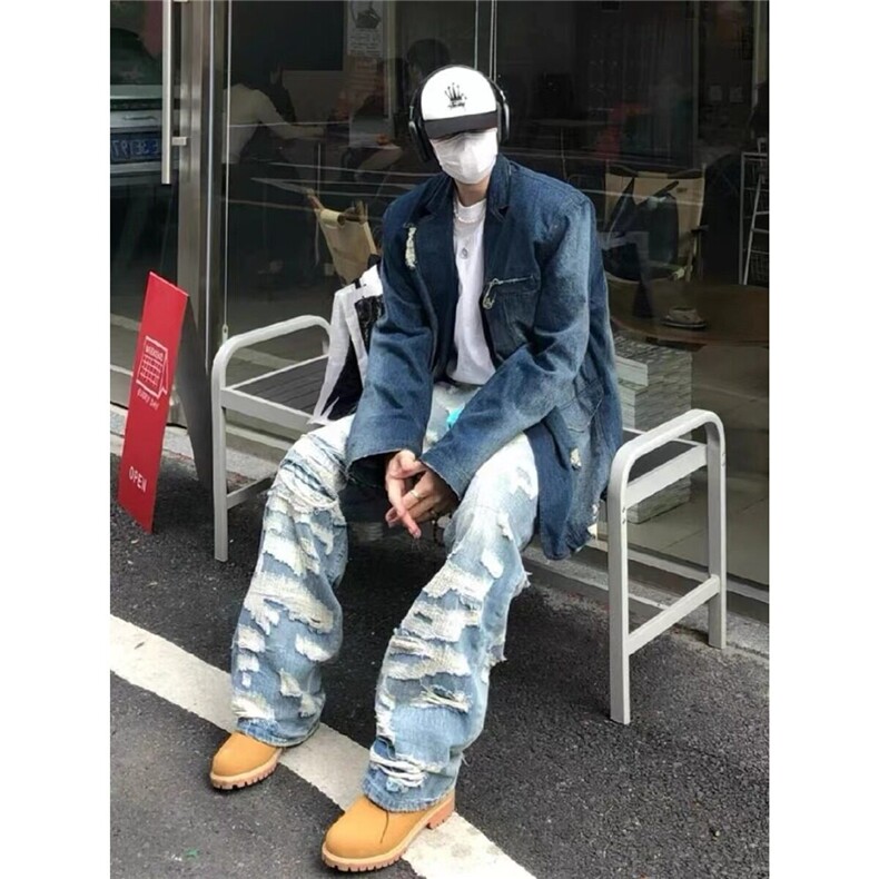 2025美式复古做旧拼接破洞牛仔裤男女高街宽松cleanfit休闲直筒裤,男装牛仔裤,星座506A
