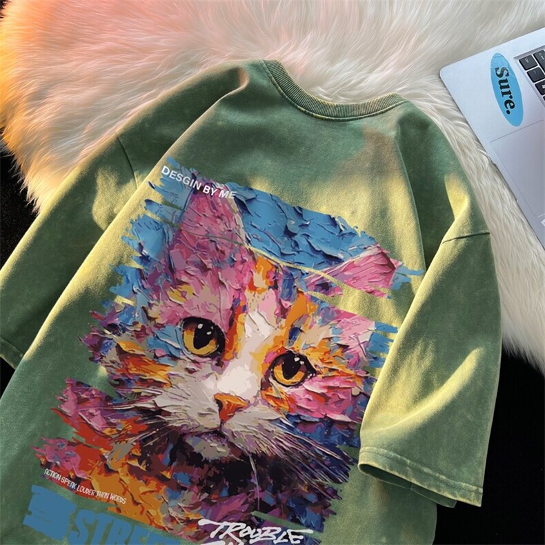 潮牌宽松短袖t恤蜡染美式复古高街水洗做旧517A-2-SX303-P38，男装T恤，星座517A-2