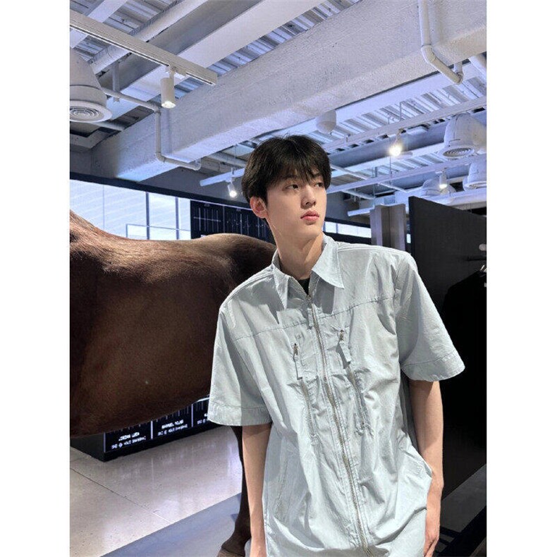 垫肩拉链短袖衬衫男夏季潮牌痞帅高级感衬衣美式高街L33755-p40,男装衬衫,星座1008
