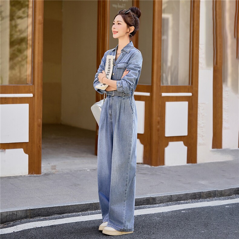 （新款现货）2026春装时尚休闲显瘦工装v领牛仔阔腿腰带连体裤女,女装连体裤,印象茜