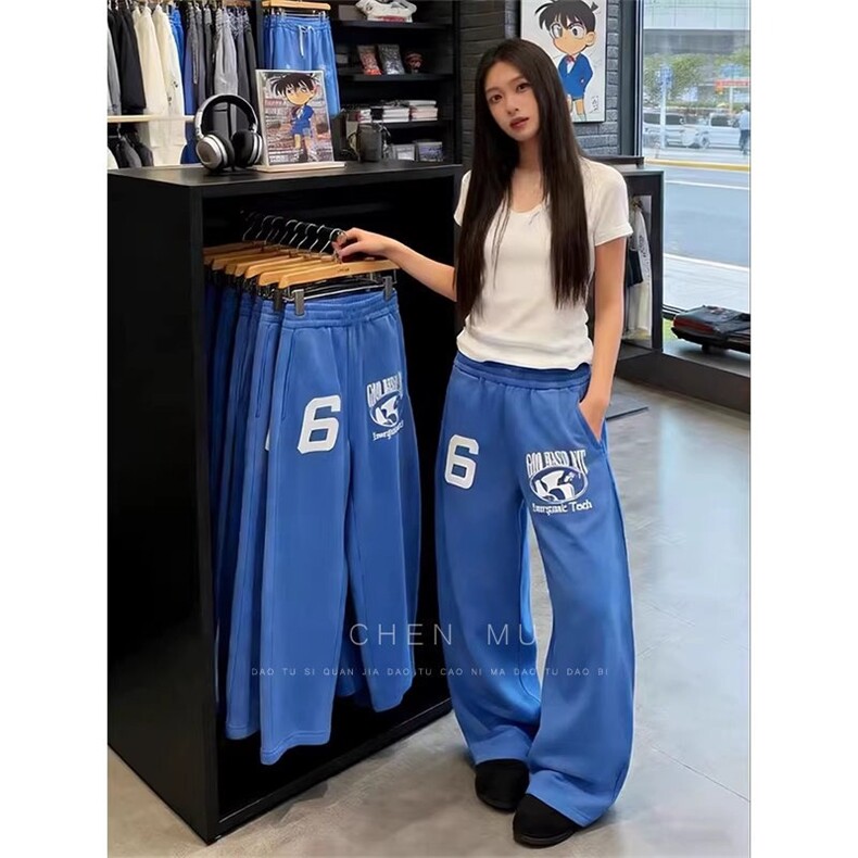 美式字母蓝色卫裤男女网红洋气宽松显瘦直筒阔腿休闲裤，男装休闲裤，星座302B
