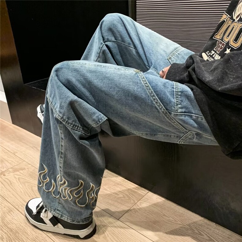 美式高街牛仔裤男韩版潮火焰刺绣个性2023秋冬ins长裤RK1042-P47,男装牛仔裤,星座412-3