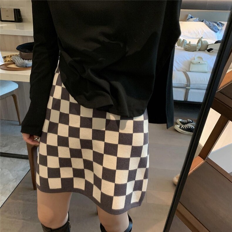 棋盘格半裙，女装半身裙，XTZ style