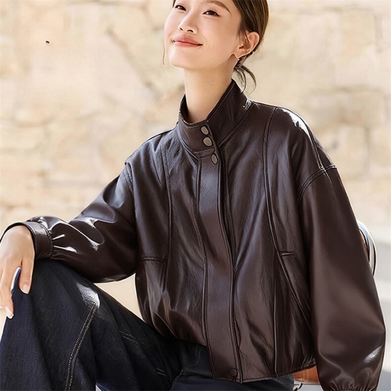 （现货）新款简约时尚摩登复古拼接格子皮衣外套女，女装皮衣，都市甄选