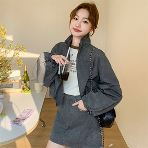 美式休闲运动工装立领外套装女2025春秋季新款时尚显瘦短裙两件套图片