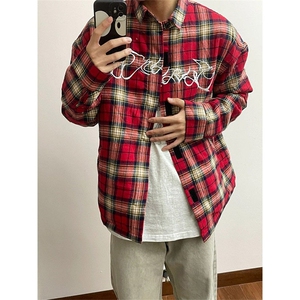 cleanfit红色格子衬衫男款美式复古刺绣长袖衬衣外套CS18-P45图片
