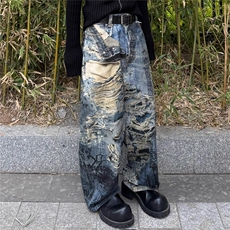 美式AC风格错觉糜烂破坏3D打印数码印花涂鸦阔腿baggy直筒牛仔裤，男装牛仔裤，星座813-2