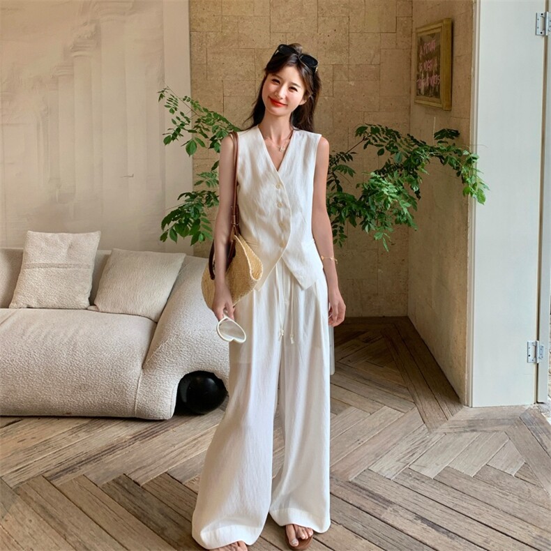 白色西装马甲阔腿裤套装女夏轻熟优雅两件套223-1375P145K218，女装套装/套裙，莘蕾