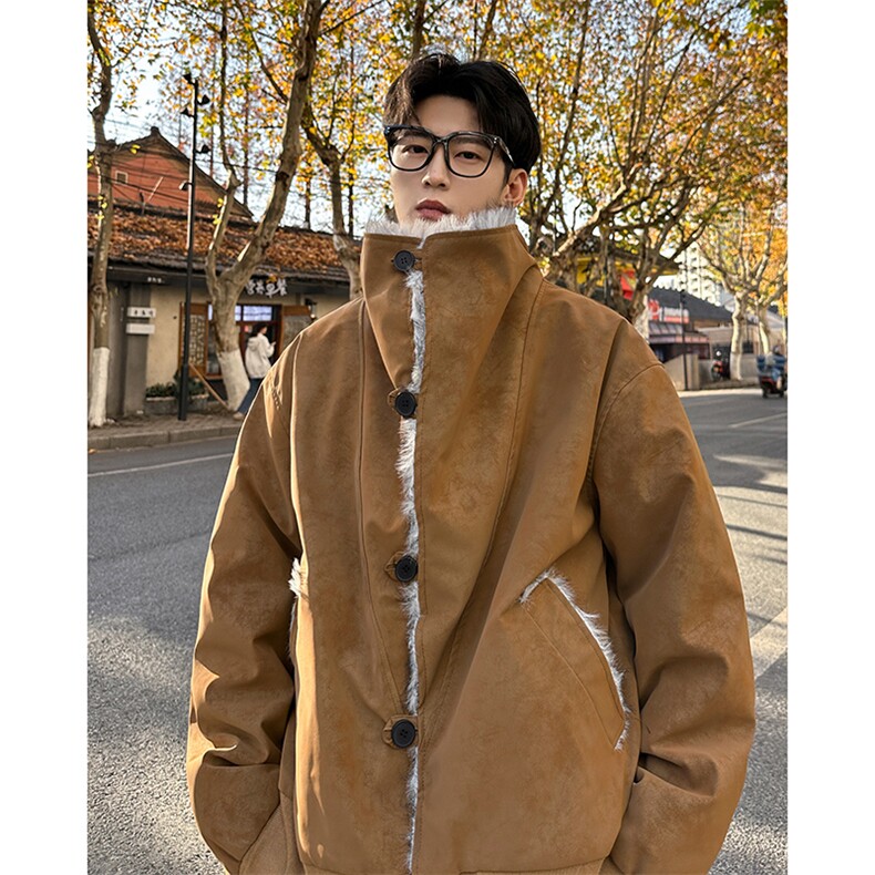 座山雕交襟扣高立领翻领皮棉衣仿水貂毛游牧加棉外套987P128，男装棉衣，电商A458A