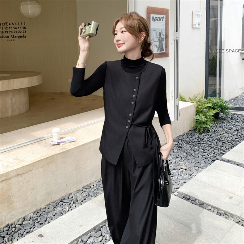法式轻熟风黑色西装马甲三件套女2025秋季新款高级感打底衫阔腿裤，女装套装/套裙，2C203