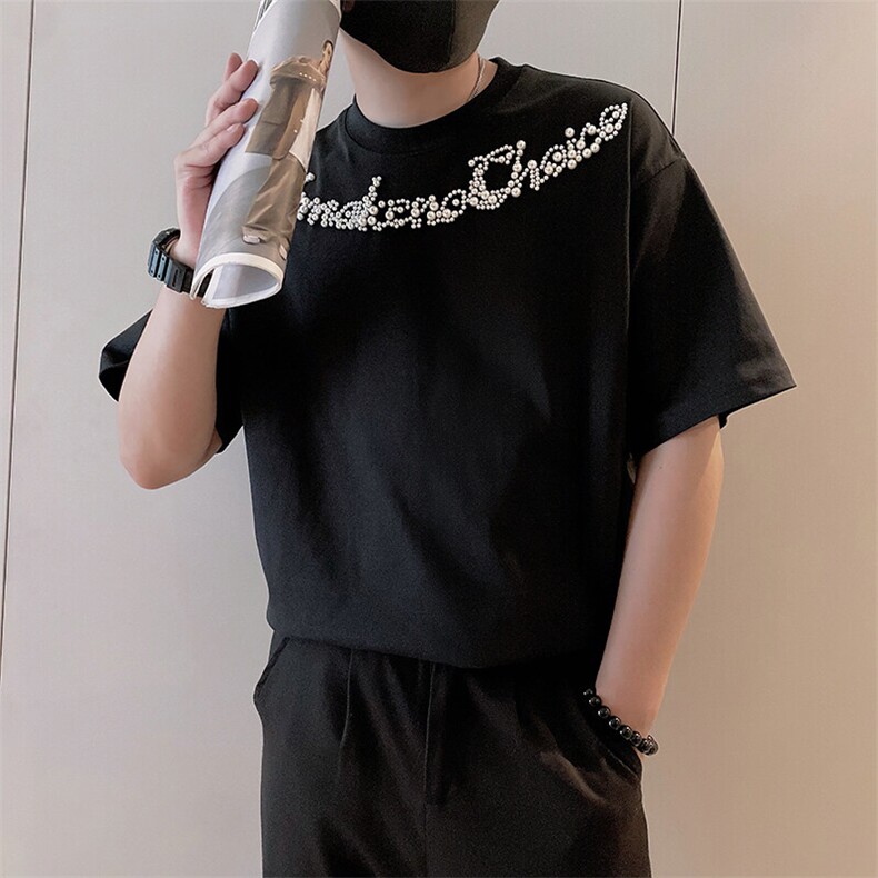 8959/P58控88夏季潮小众烫砖工艺珍珠字母短袖T恤男黑首1,男装T恤,星座305B