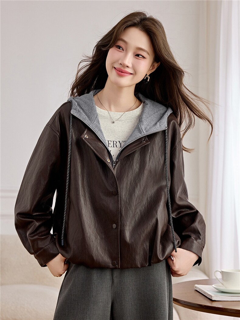 2655海宁皮衣女款B款2026年新款洋气休闲宽松春秋连帽皮夹克外套,女装皮衣,美拉德工厂直营店