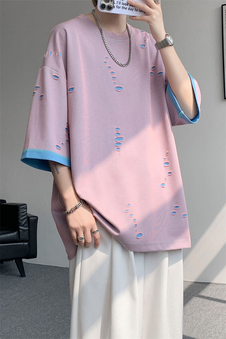 T10137-特批33控68开口笑高品质夏季大码短袖破洞潮流百搭T恤,男装T恤,电商A059