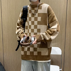 毛衣男秋新款美式复古棋盘格情侣款宽松百搭粗线针织衫6960P43，男装针织衫/毛衣，星座410-2