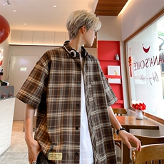 港风大码美式复古贴标格子翻领短袖衬衫男XZ213-CS8806-P45控58，男装衬衫，星座213