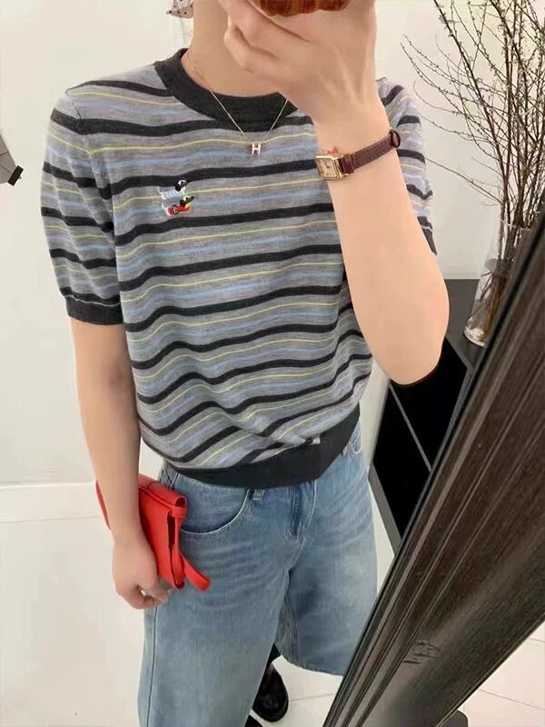 -彩色斑马精纺羊毛条纹圆领短袖,女装T恤,艾米娇羊绒