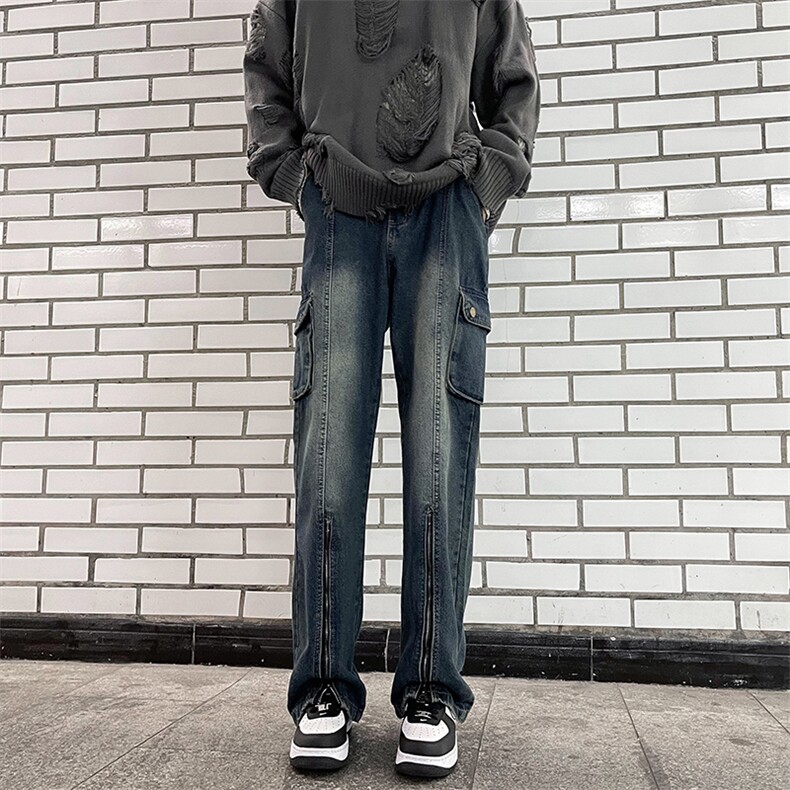 秋款男牛仔裤工装大口袋侧边开叉拉链休闲直筒长裤NK723P60,男装牛仔裤,星座1013-1