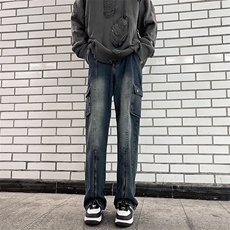秋款男牛仔裤工装大口袋侧边开叉拉链休闲直筒长裤NK723P60，男装牛仔裤，星座1013-1