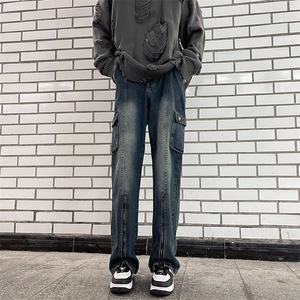 秋款男牛仔裤工装大口袋侧边开叉拉链休闲直筒长裤NK723 P60图片