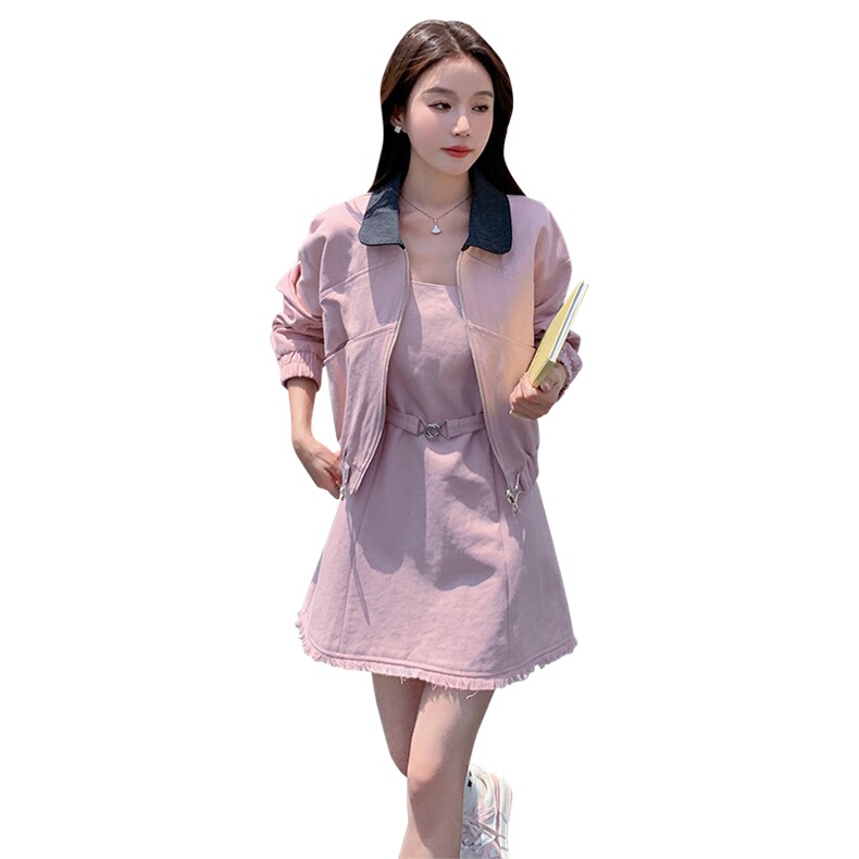 翻领粉色显瘦夹克外套短裙两件套女2025春秋新款韩系上衣减龄套装,女装套装/套裙,2C088