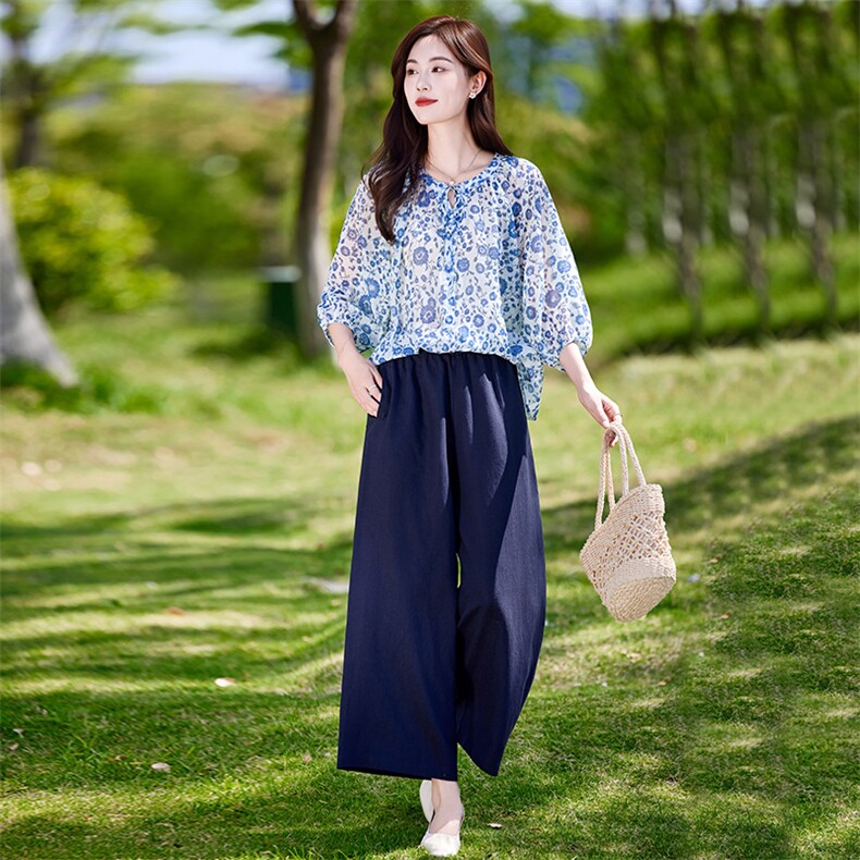 时尚休闲气质衬衫套装女2025夏新款宽松减龄显瘦亚麻阔腿裤两件套，女装套装/套裙，靓衣阁