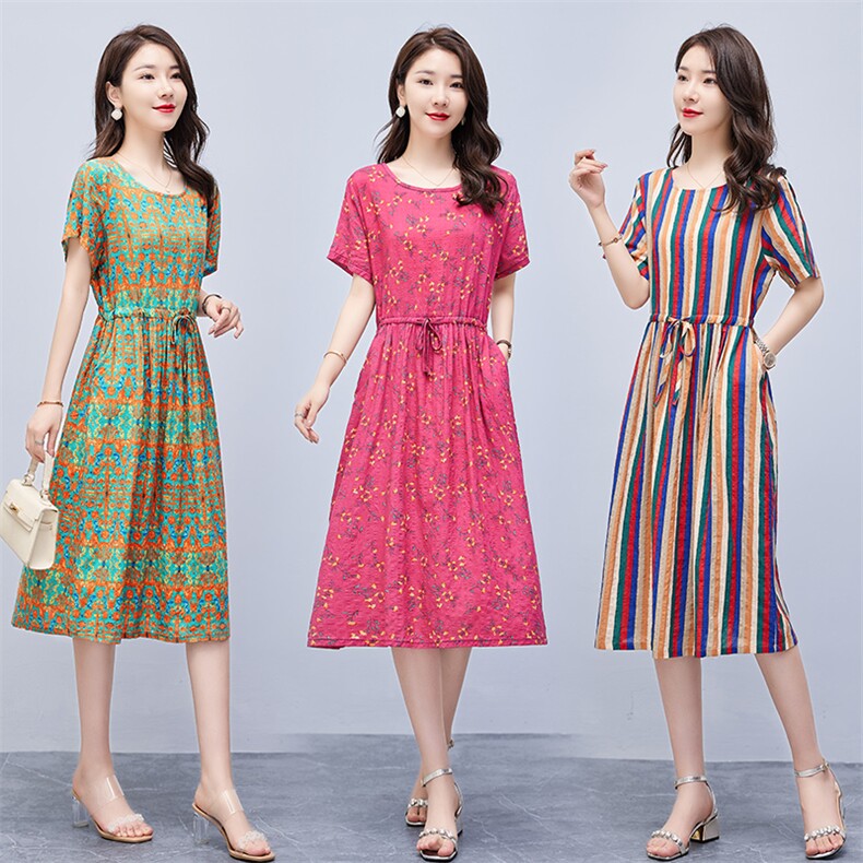 连衣裙2022年夏季潮流舒适简约时尚中长款圆领碎花,女装连衣裙,贵人树