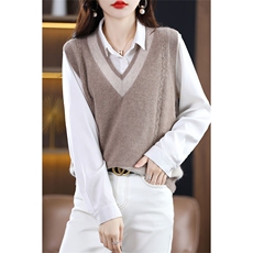 25秋冬新款V领纯羊毛马甲女背心毛衣宽松拼色无袖针织羊绒衫坎肩，女装马甲，绒汀羊绒
