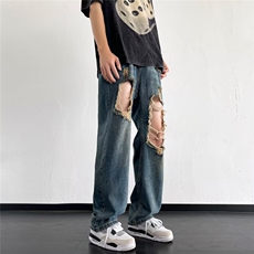 做旧复古设计破洞牛仔裤男夏季百搭直筒宽松阔腿拖地裤子~MK712，男装牛仔裤，星座601-2