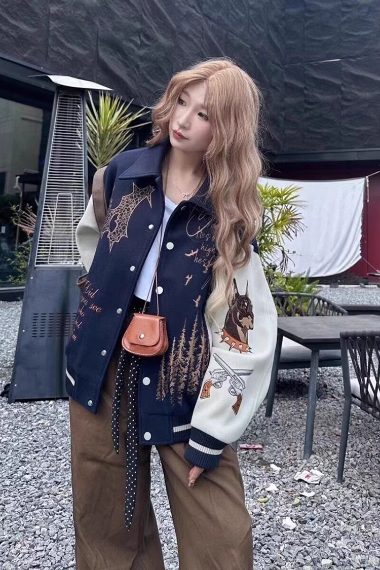 网图高质量刺绣呢料夹克廓形飞行员棒球服外套XY18010-P68夹棉80,男装夹克,电商A025