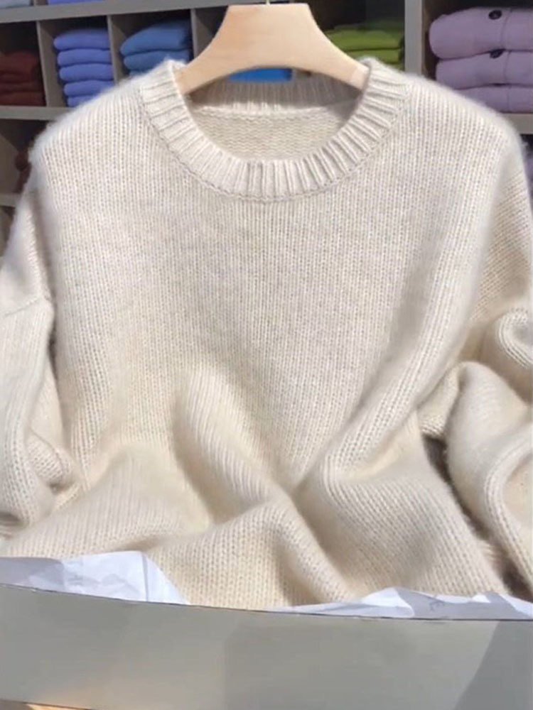简约风！软糯圆领100针织衫女宽松毛衣秋冬短款打底羊毛衫,女装羊毛衫,恩泰羊绒
