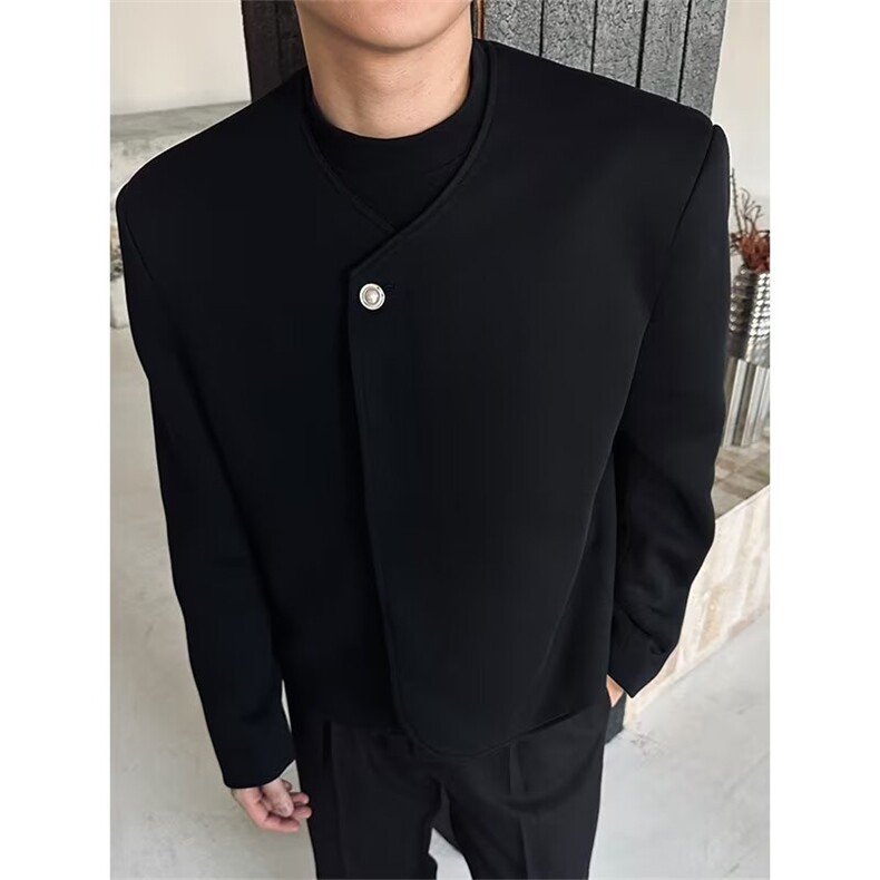 小众黑色高级感无领西装外套男优雅极简垫肩西服礼服诘襟短款制服，男装西服，星座506A