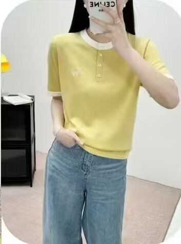 2025新款女夏季洋气短袖气质显瘦t恤衫撞色针织衫时尚圆领薄上衣,女装T恤,艾米娇羊绒