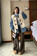 加棉蓝色衬衫棉服叠穿羊羔毛马甲套装女2025冬季新款学院风两件套，女装套装/套裙，2C293