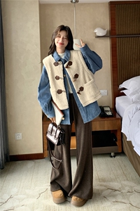 加棉蓝色衬衫棉服叠穿羊羔毛马甲套装女2025冬季新款学院风两件套图片