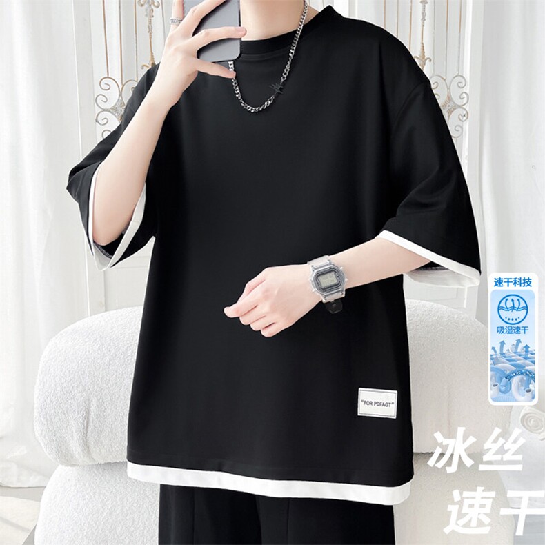 2025夏季新款旋律风车大码假两件冰丝短袖M-5XHT25495-特P25,男装T恤,电商A022