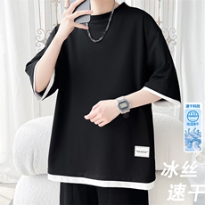 2025夏季新款旋律风车大码假两件冰丝短袖M-5XHT25495-特P25，男装T恤，电商A022