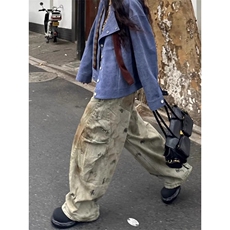 美式街头黄泥染脏洗阔腿弯刀牛仔裤男女水洗做旧小众宽松休闲裤潮，男装牛仔裤，星座601-1
