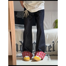 【有货】美式格子拼接卷边牛仔裤男女阔腿裤子NZ011LL-特P48，男装牛仔裤，星座1007（原301D）