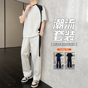 短袖t恤男士夏季ins潮牌帅气百搭运动套装休闲搭配一套上衣服,怎样补衣服搭配图片