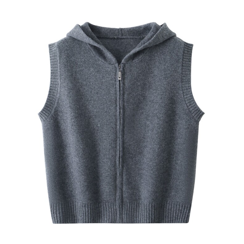 品牌高级感马甲女士连帽拉链连宽松无袖羊毛针织帽衫毛衣坎肩，女装马甲，温贝羊绒