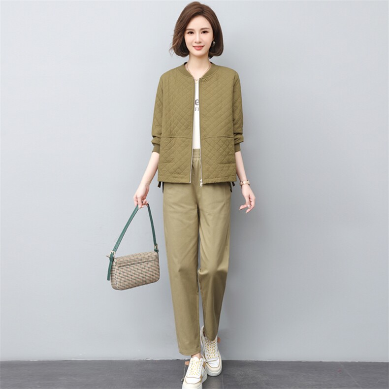 春秋新款时尚两件套女休闲宽松格子棒球服开衫休闲裤中老年妈妈装,女装套装/套裙,璐依舞